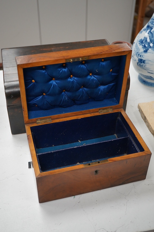 A Victorian coromandel wood, mother of pearl inlay box- 29.5cm wide together with a Victorian olive wood box